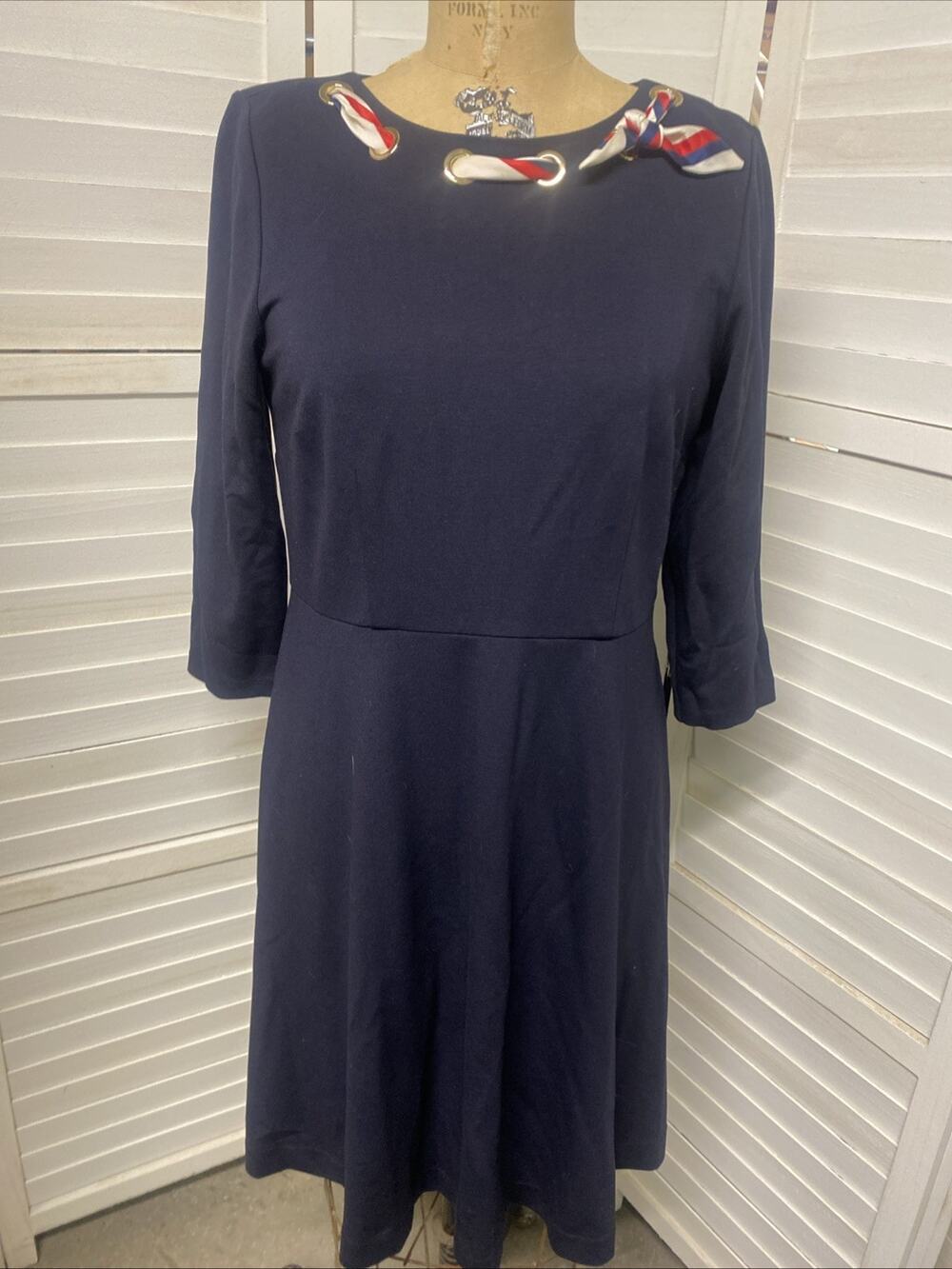 Talbots Petites Navy Blue A Line Fit N Flare Dress womens 1/2 Sleeves Career 8P